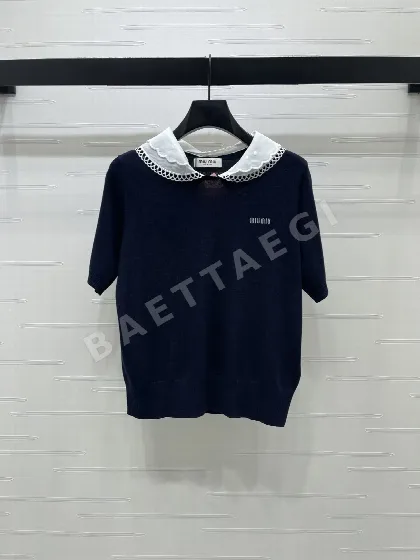 미우미우 피터팬 카라 울 실크 반팔 니트 티셔츠 52454