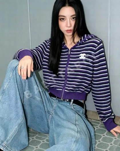 샤넬 스트라이프 후드 울 가디건 166601