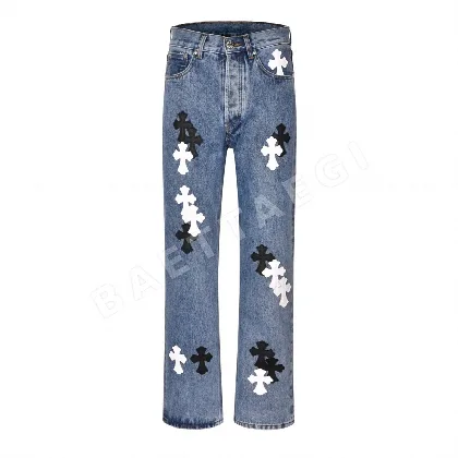 크롬하츠 블랙 앤 화이트 패치워크 가죽 진 남성 바지 P350