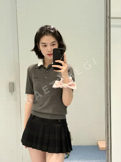 미우미우 컬러 블록 캐시미어 반팔 폴로셔츠