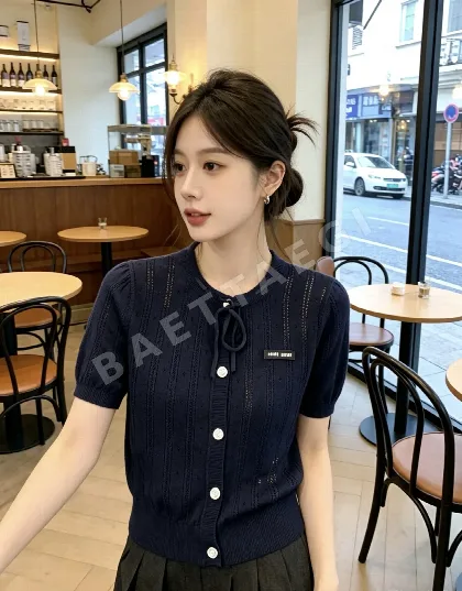미우미우 홀아웃 패턴 니트 반팔 가디건 34856