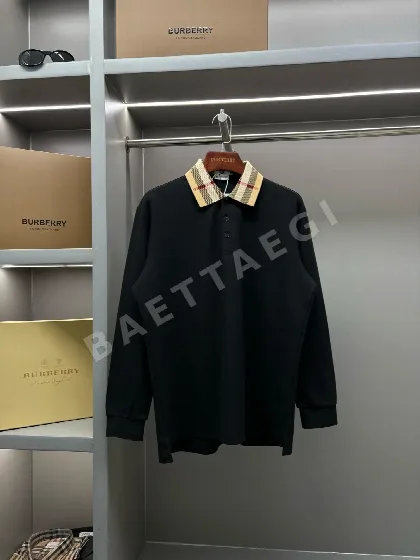 버버리 체크 카라 피케 코튼 긴팔 폴로셔츠 46271