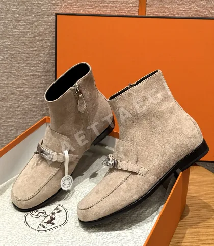에르메스 켈시 앵클 부츠 베이지 샤모아 실버 버클 164753