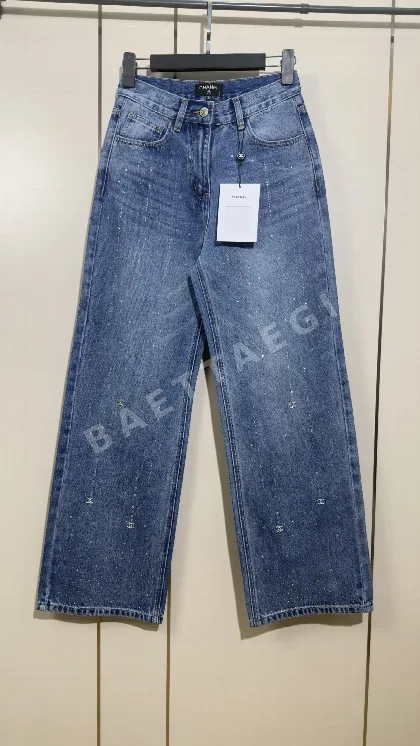 샤넬 라인스톤 장식 데님 와이드 바지 182447