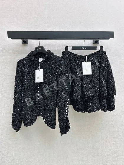 디올 커스텀 다크 메시 노카라 진주 버튼 자켓 199046