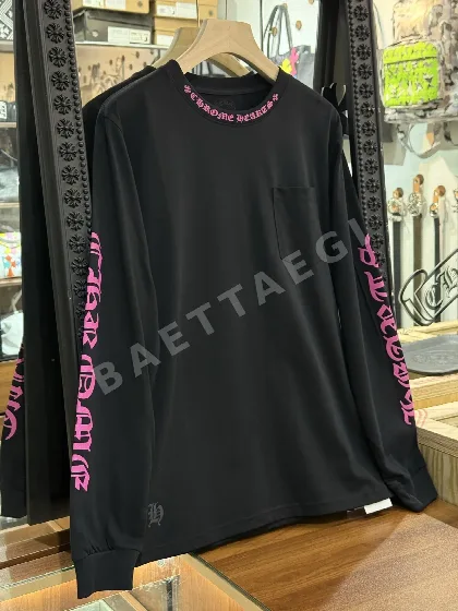 블랙 핑크 플라워 레터 긴팔 티셔츠 163014
