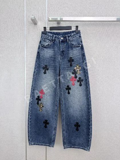 크롬하츠 레더 크로스 커브 블레이드 와이드 데님 여성 의류 154598