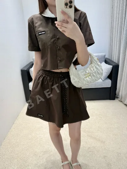미우미우 컬러 블록 레이스 크롭 셔츠 세트 127828