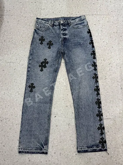 블랙 가죽 패치워크 데님 바지 163512