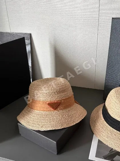 프라다 체크 라피아 어부 모자 85082