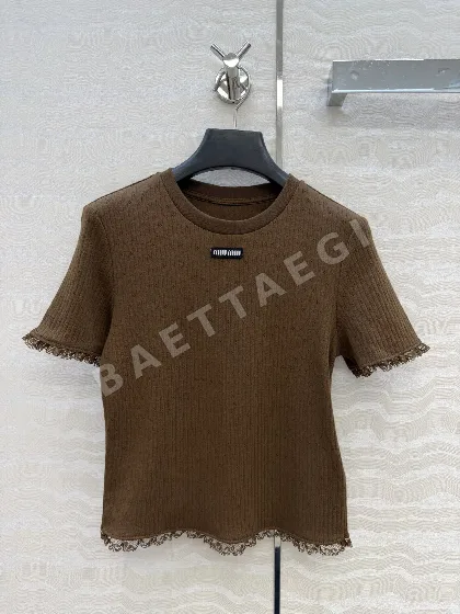 미우미우 여성 크롭 레이스 코튼 반팔 셔츠 41473