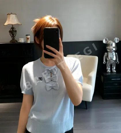 샤넬 3D 리본 크루넥 반팔 니트 티셔츠