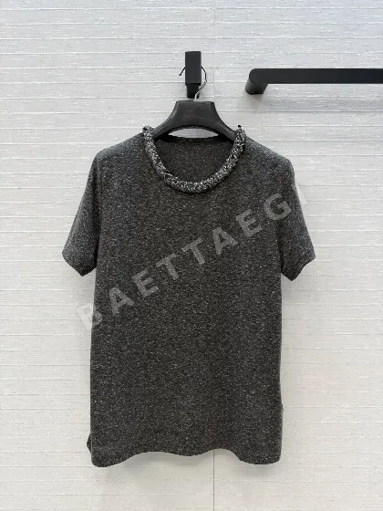 샤넬 스팽글 리본 장식 린넨 코튼 크루넥 반팔 티셔츠 675