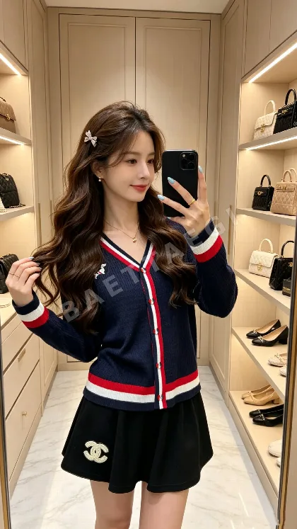 톰브라운 스트라이프 컬러 블록 V넥 울 혼방 가디건 164645