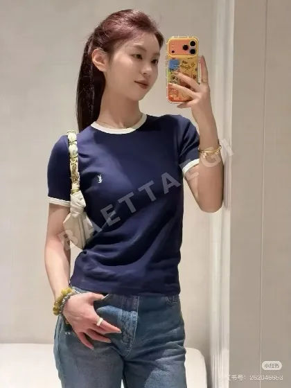 생로랑 컬러 블록 자수 로고 반팔 티셔츠 103343